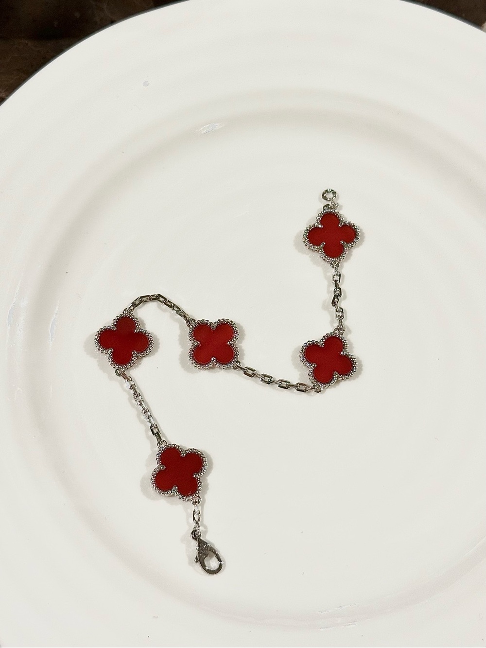 Silver-tone Clover Bracelet Red Carnelian Agate Statement NWT